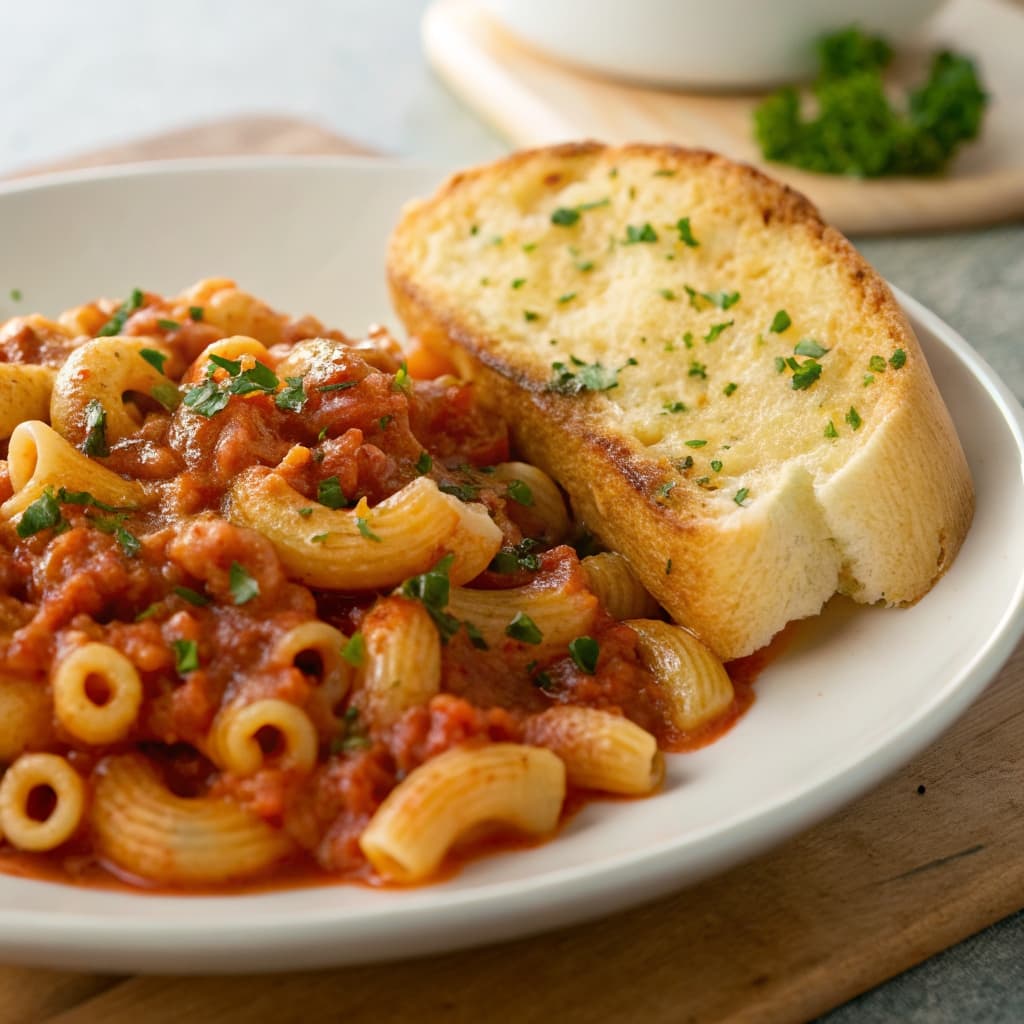 Wednesday Lunch - Macaroni Marinara with Garlic Bread and Choco Muffins
